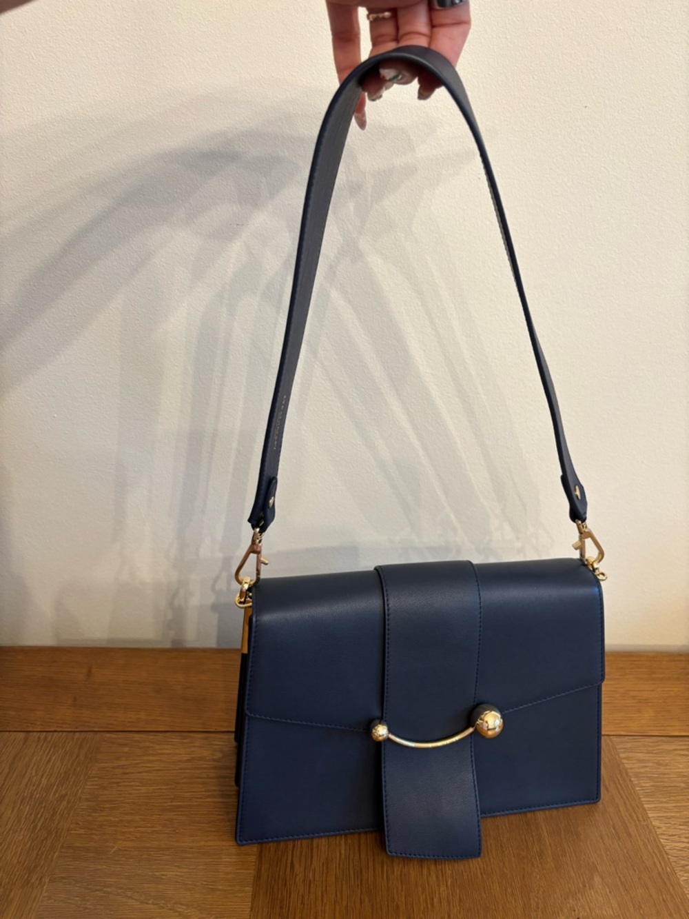 Strathberry Crescent Leather Shoulder Bag Navy Gold Hardware Crossbody - Picture 14 of 15